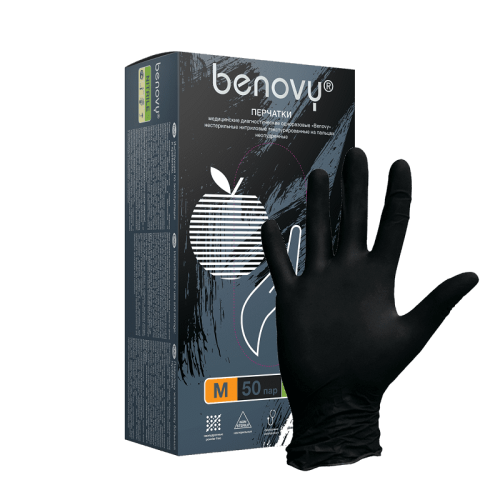 Перчатки BENOVY нитриловые ЧЕРНЫЕ, ХS  текстурированные  (50пар)ЧЗ